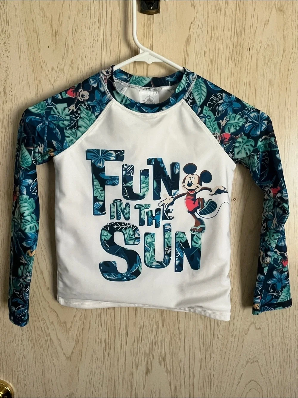 Disney FUN IN THE SUN Tropical Print Mickey Goofy Donald Swim Sun Shirt Kids 5/6